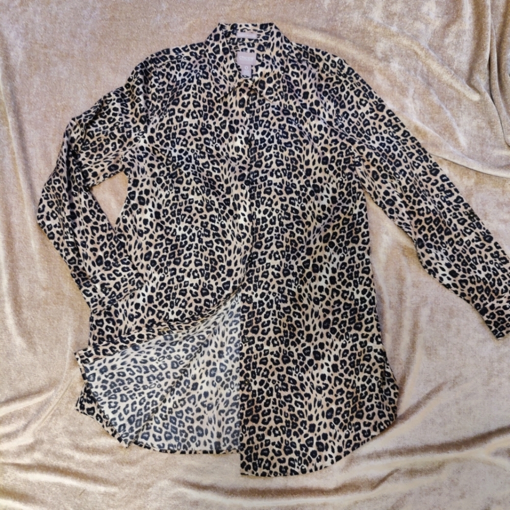 New Chico’s Wrinkle Resistant 100% Cotton Satin Leopard Print Blouse, Size S